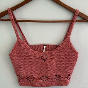 Anthropologie Knitted Cropped Top Dusty Pink Floral Cutouts SZ S Textured Boho